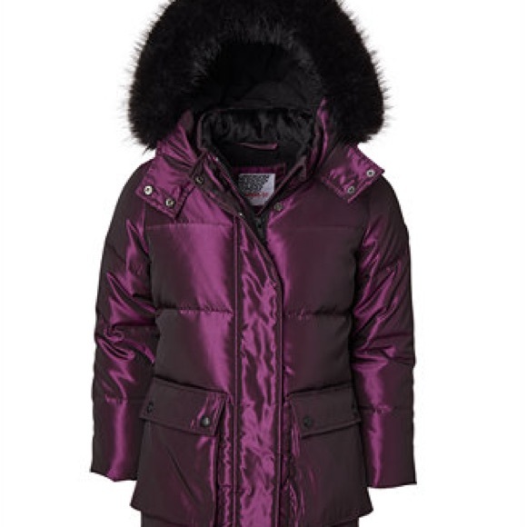 Kensie Girl Shiny Purple Jacket with Faux Fur Hood - Picture 1 of 5